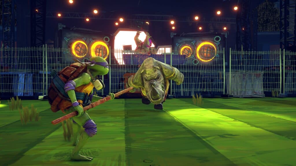 Teenage Mutant Ninja Turtles: Mutants Unleashed Michelangelo lutando contra um rinoceronte mutante