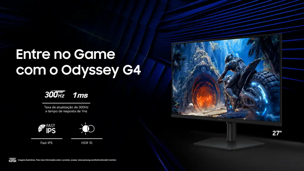 Monitor da linha Odyssey foca em fluidez extrema e tecnologias de sincronização para reduzir borrões e atrasos em jogos de ação rápida.